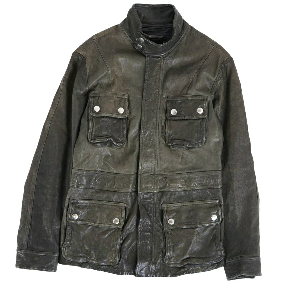 【美品】エンポリオアルマーニ EMPORIO ARMANI ジャケット レザージャケット ラムレザー ジップアップ アウター メンズ イタリア製 46 グリーン【中古】