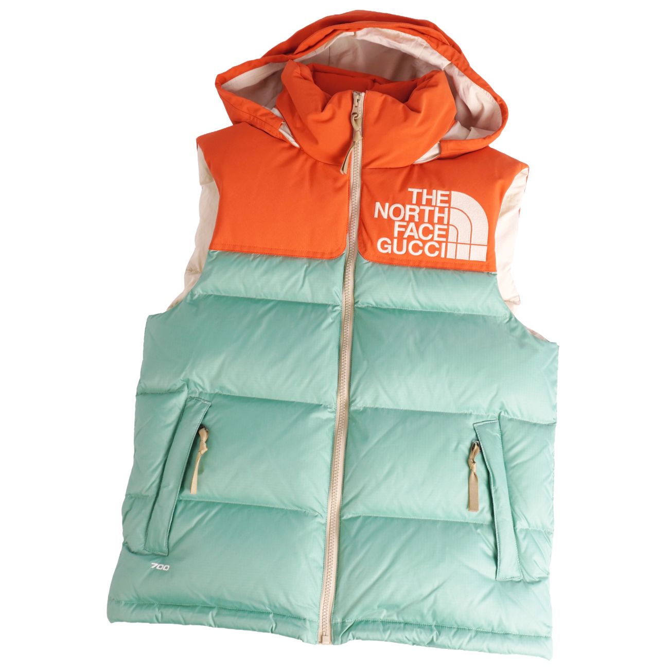 【美品】グッチ GUCCI THE NORTH FACE ベスト フード付き ダウンベスト ナイロン アウター レディース XS オレンジ/ミントグリーン【中古】