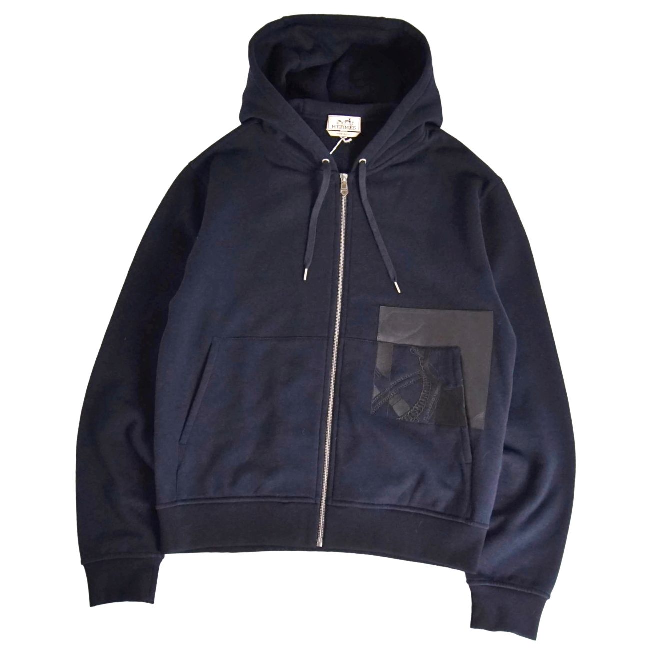 【新古品】エルメス HERMES 汗水 26SS パーカー フーディー 前垂れ・お人形さん・アン・見とおし ジップアップ 綿織物 メンズ イタリア製  S 米国海軍【中古】