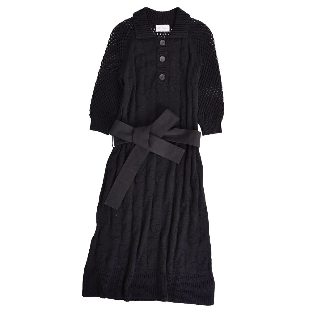 【美品】サルヴァトーレ フェラガモ Salvatore Ferragamo ワンピース ベルト付き ニット コットン トップス レディース イタリア製 S ブラック【中古】
