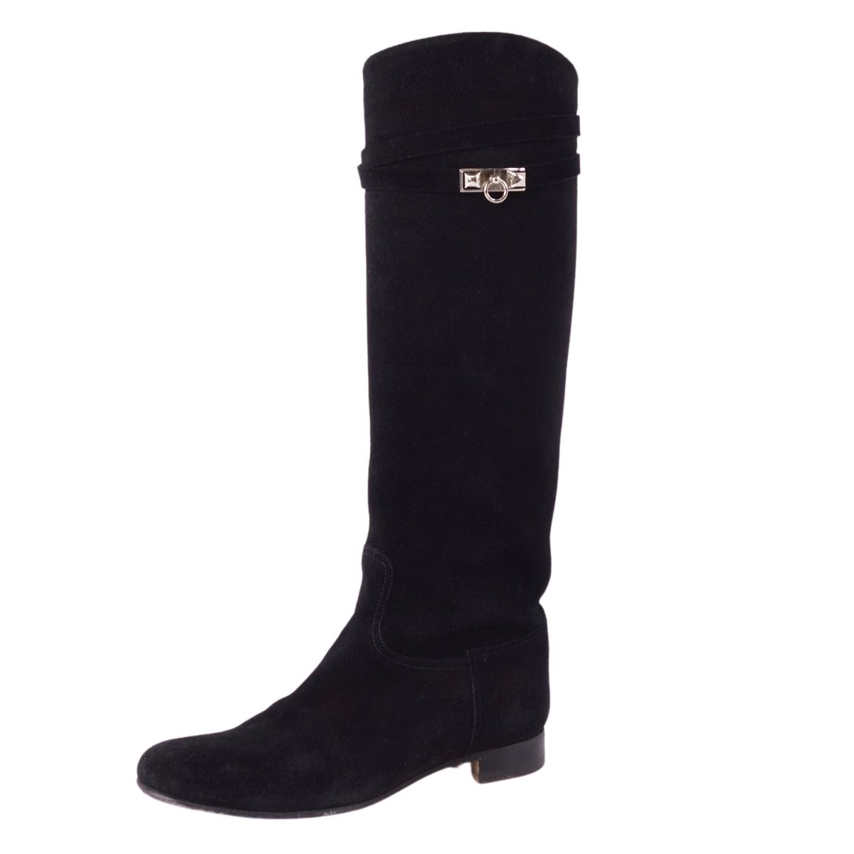 ★HERMES ロングブーツ スエード ゴールド 金具 ブラック HERMES ジャンピングケリー ブーツ 39 2/1 ブラック シルバー レザー