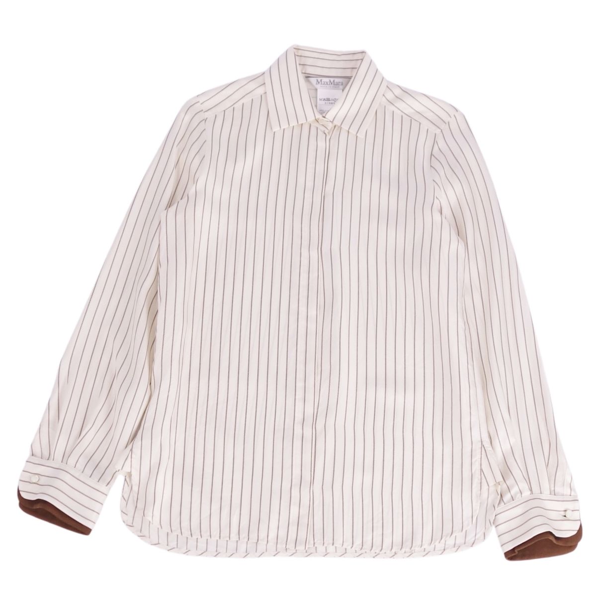 【美品】マックスマーラ Max Mara シャツ ブラウス ロングスリーブ 長袖 ストライプ シルク トップス レディース JI40 USA8 GB8(M相当) ホワイト【中古】