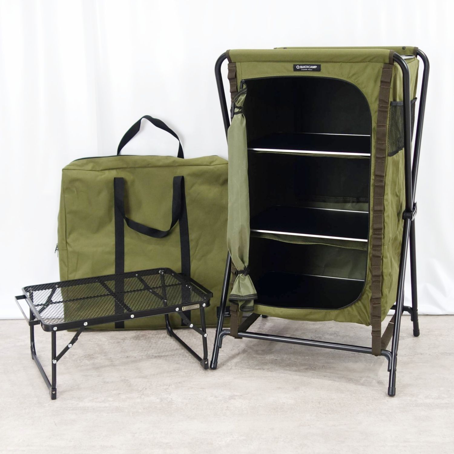 【極美品】クイックキャンプ QUICKCAMP 折りたたみ シェルフ 三段ラック QC-SF カーキ ミニ メッシュ テーブル ブラック セット キャンプ アウトドア【中古】