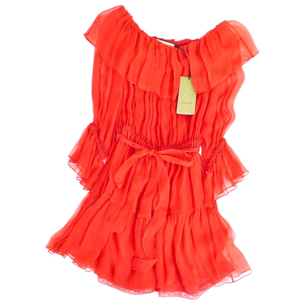 【新古品】グッチ GUCCI ワンピース 23AW Silk Mini Dress シルク トップス レディース イタリア製 40(M相当) レッド【中古】