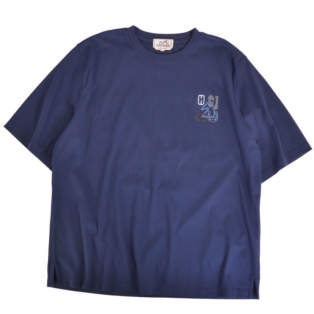 【新古品】エルメス HERMES Tシャツ カットソー ショートスリーブ 半袖 Hパズル コットン ラムレザー トップス メンズ イタリア製 L ネイビー【中古】