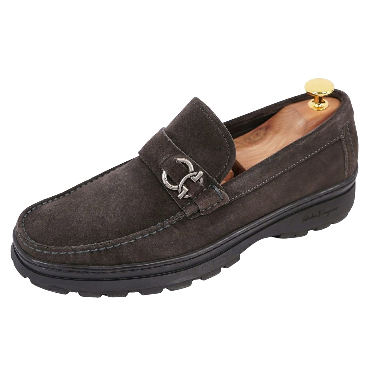 【美品】サルヴァトーレ フェラガモ Salvatore Ferragamo ローファー モカシン ガンチーニ金具 スウェードレザー シューズ 革靴 メンズ 6.5(25cm相当) ダークブラウン【中古】