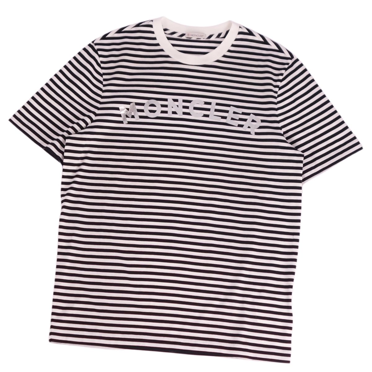 【極美品】モンクレール MONCLER 2020年 Tシャツ カットソー 半袖 ショートスリーブ ボーダー ロゴ トップス メンズ S ホワイト/ブラック【中古】