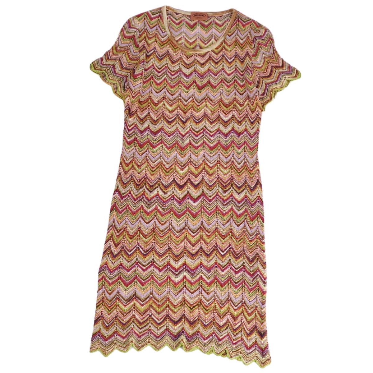 【美品】ミッソーニ MISSONI ワンピース ニット ショートスリーブ 半袖 総柄 レーヨン レディース イタリア製 44(XL相当) マルチカラー【中古】