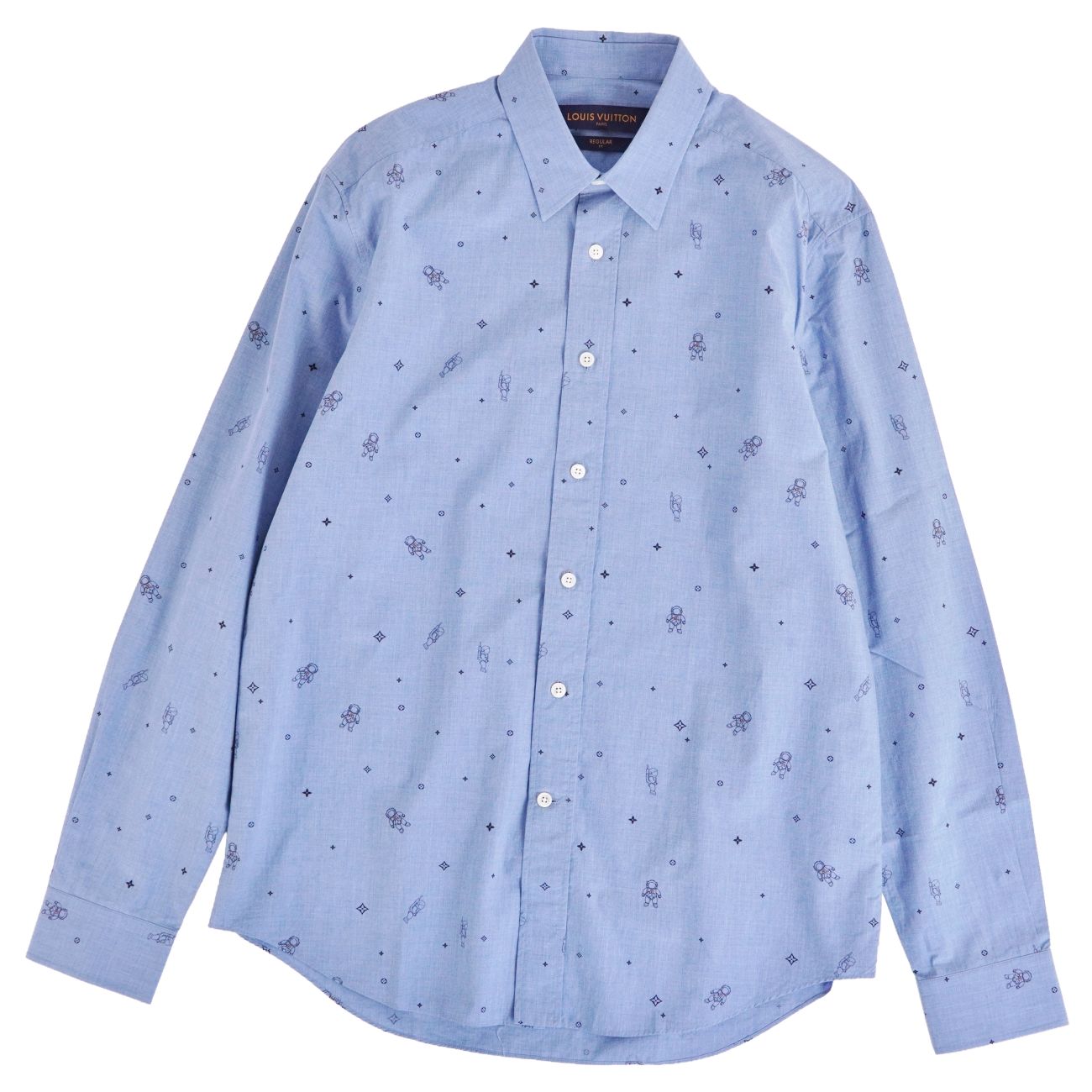 【美品】ルイヴィトン LOUIS VUITTON シャツ 2019 ロングスリーブ 長袖 総柄 コットン トップス メンズ イタリア製 M ブルー【中古】