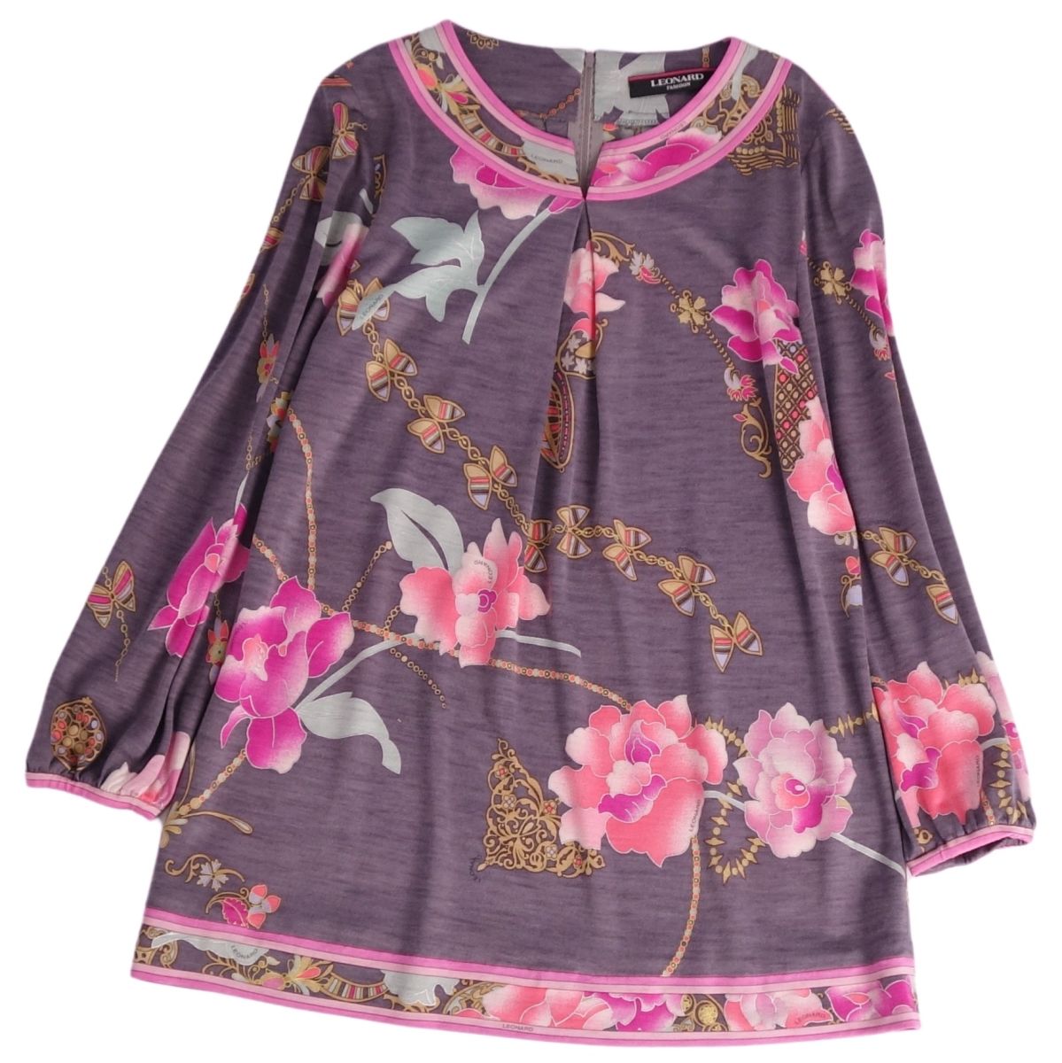 【極美品】レオナール LEONARD FASHION ワンピース チュニック 花柄 ウール シルク トップス レディース 38(M相当) マルチカラー【中古】