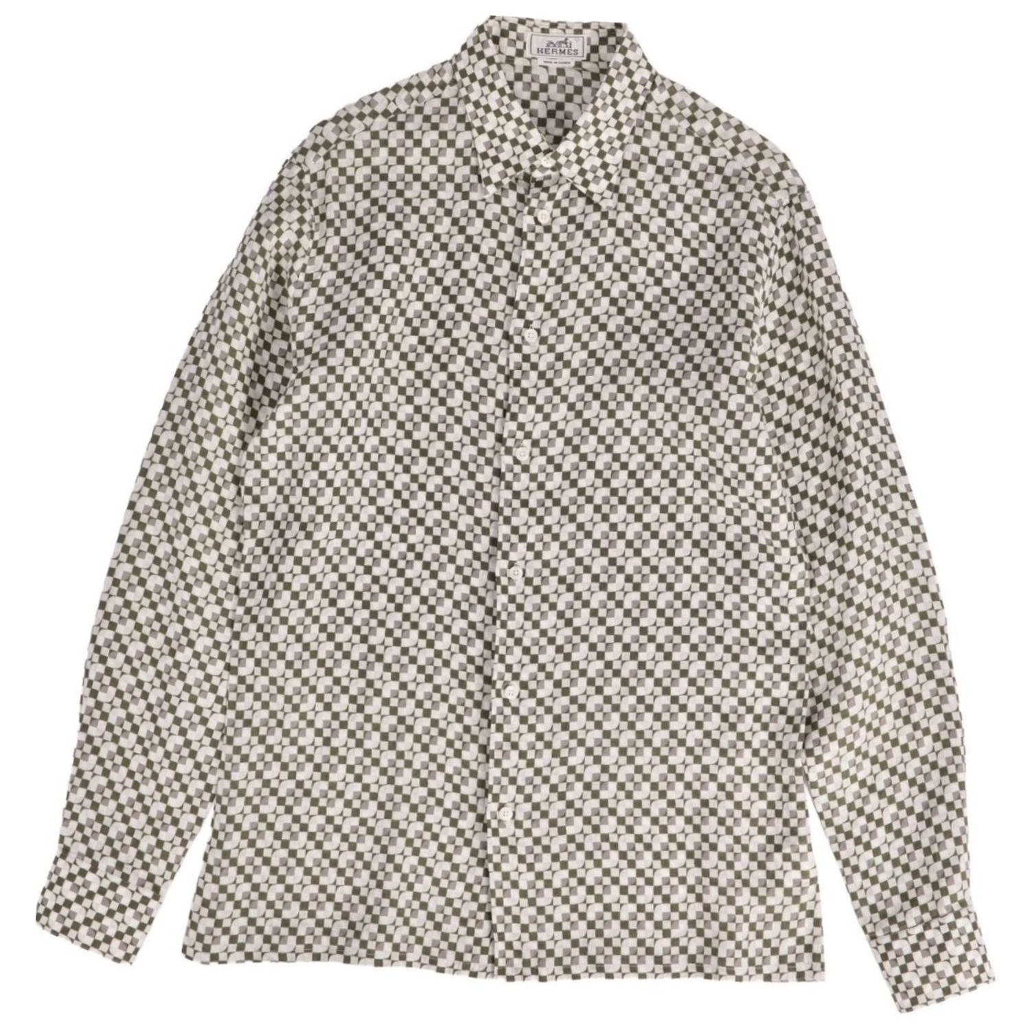 【美品】エルメス HERMES シャツ ロングスリーブ 長袖 セリエボタン リネン 総柄 トップス メンズ フランス製 40(15 3/4) (M~L相当) カーキグリーン/ホワイト【中古】|MODEST LORD 仙台 店