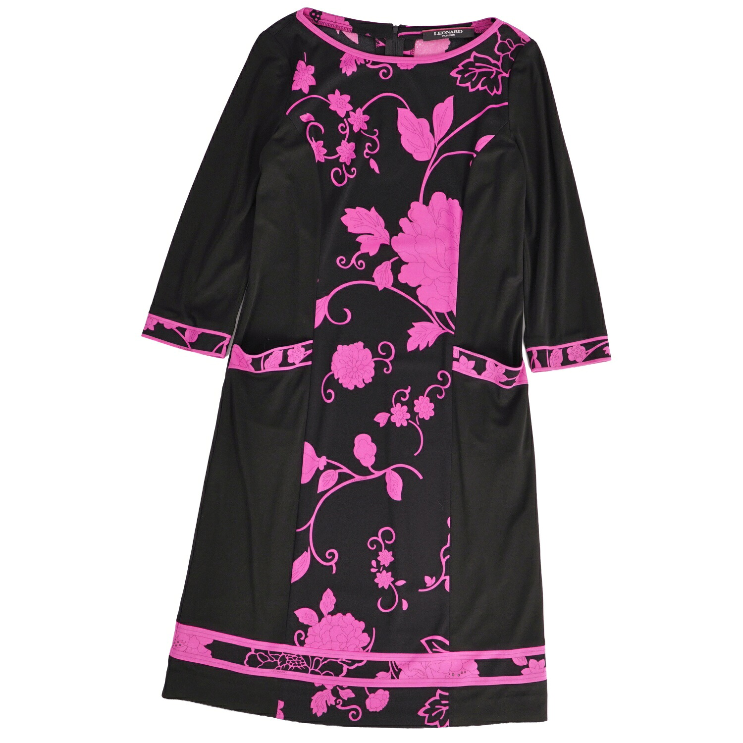 【極美品】レオナール LEONARD FASHION ワンピース 七分丈 花柄 ジャージー トップス レディース 36(S相当) ブラック/ピンク【中古】｜MODEST LORD 仙台 店