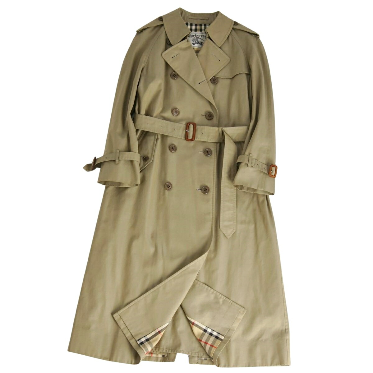 【美品】Vintage バーバリー Burberrys 厚地の外套 トレンチコート 綿織物100％ アウター レディース 9AB2 カーキ緑であること【中古】