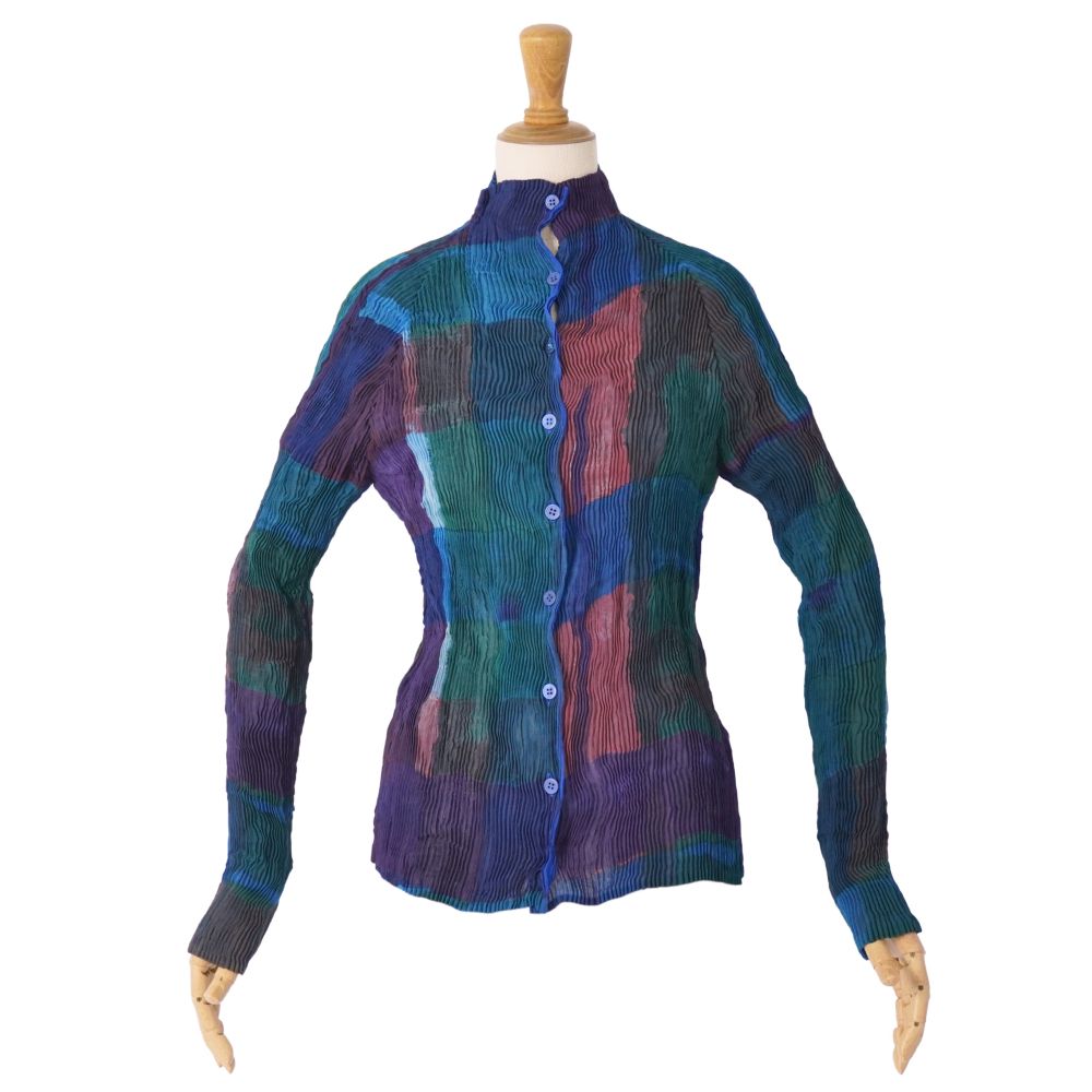 【美品】イッセイミヤケ ISSEY MIYAKE シャツ ブラウス ロングスリーブ 長袖 チェック プリーツ トップス レディース 2(M相当) マルチカラー【中古】