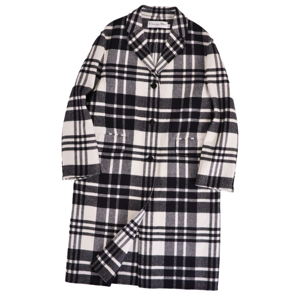 【極美品】ディオール Christian Dior 厚地の外套 2022 ロング厚地の外套 照合のしるし 羊毛 アウター レディース イタリア製 34(XS好いかげんに) 黒いこと/白いこと【中古】