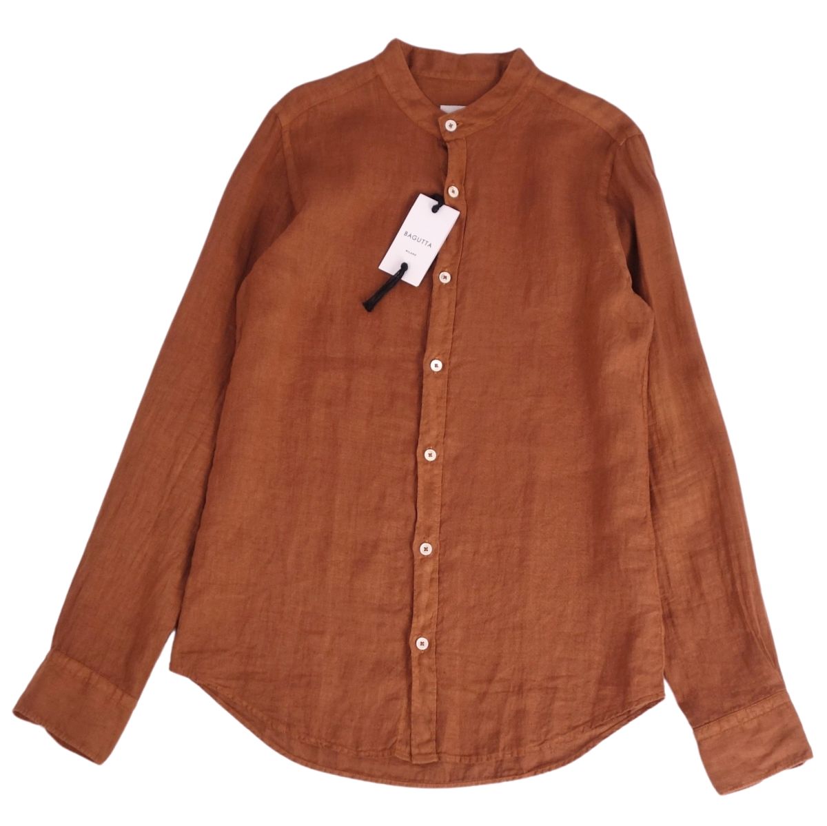 【新古品】バグッタ BAGUTTA シャツ スタンドカラー バンドカラー ロングスリーブ 長袖 リネン トップス メンズ 38/15 ブラウン【中古】