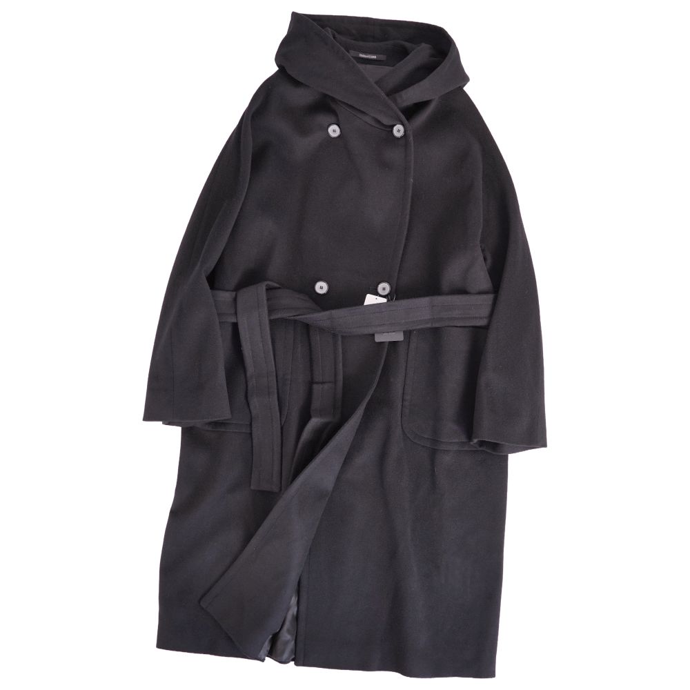 【新古品】タリアトーレ TAGLIATORE 厚地の外套 ボンネット付き添い人 DAISY ロング厚地の外套 ダブル前胸部 羊毛 カシミール アウター レディース イタリア製 42(L好いかげんに) 黒いこと【中古】