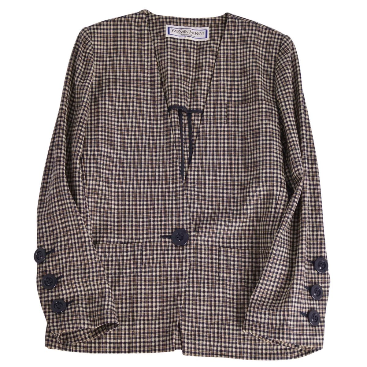 【美品】Vintage イヴサンローラン Yves Saint Laurent ジャケット ノーカラー チェック ウール アウター レディース 9A3(M相当) ベージュ/ネイビー【中古】｜MODEST LORD 仙台 店