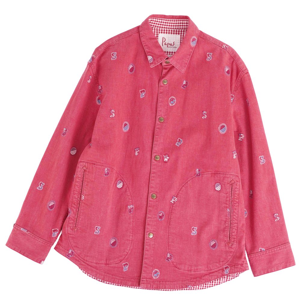 【美品】パパス Papas シャツ デニムシャツ ロングスリーブ 長袖 総柄 コットン トップス メンズ 46(S相当) レッド【中古】