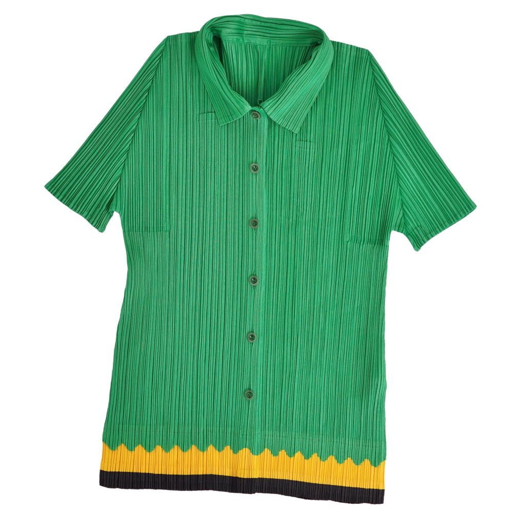 【美品】プリーツプリーズ イッセイミヤケ PLEATS PLEASE シャツ ブラウス ショートスリーブ 半袖 トップス レディース 3(L相当) グリーン【中古】