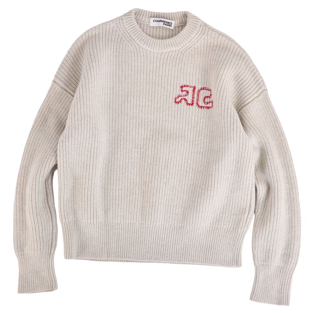 【美品】クレージュ courreges 編み物 スウェーター ロング捩り 長袖 羊毛 カシミール トップス メンズ イタリア製 XS グレージュ【中古】