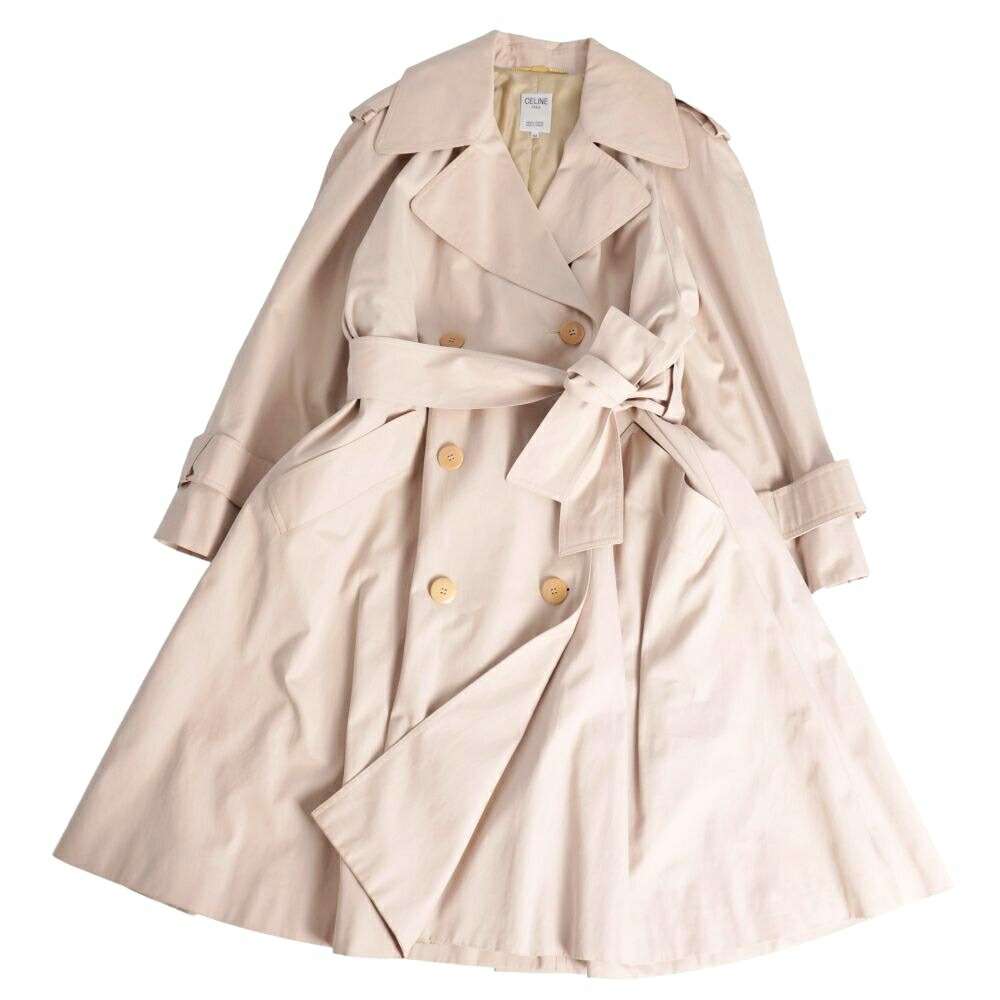 【美品】Vintage セリーヌ CELINE 厚地の外套 トレンチコート 綿織物100% アウター レディース フランス共和国製 42(XL好いかげんに) ベージュ【中古】