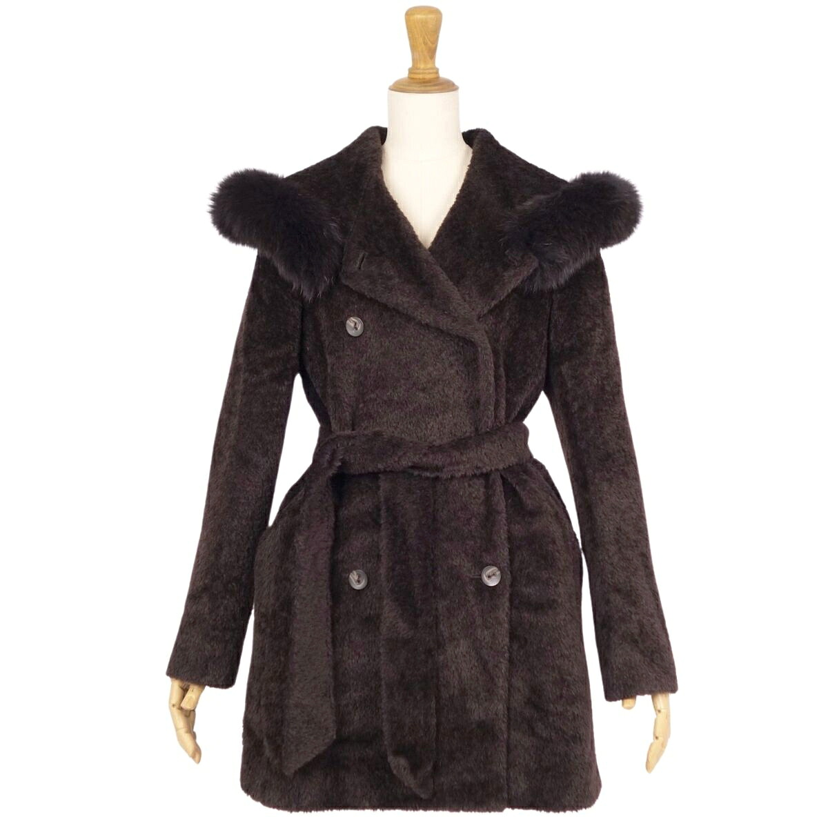 【美品】マックスマーラ Max Mara STUDIO コート フーデッドコート ダブルブレスト フォックスファー シャギー アウター レディース JI36 USA2 FB34(S相当) ブラウン【中古】
