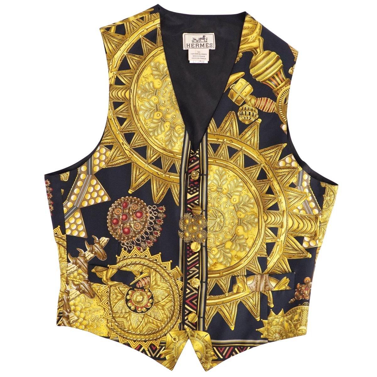 【美品】Vintage エルメス HERMES ベスト ジレ 総柄 シルク100％ トップス メンズ フランス製 50(M相当) マルチカラー【中古】