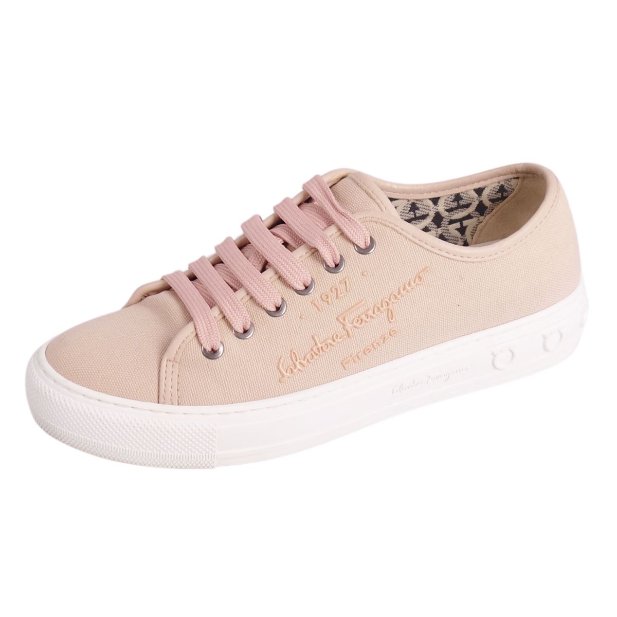 【美品】サルヴァトーレ フェラガモ Salvatore Ferragamo スニーカー ローカット キャンバス シューズ 靴 レディース イタリア製 7.5C(25cm相当) ピンクベージュ【中古】