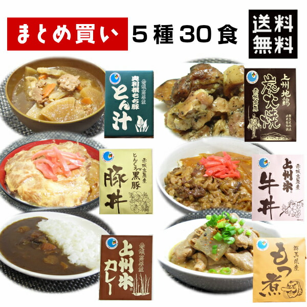 注目ブランド まとめ買い 送料無料 国産 群馬銘柄肉レトルト 6種 5袋 30食セット 簡単調理 常温 レトルト食品 具沢山 レトルト食品 惣菜 上州牛 牛丼 豚丼 カレー 地鶏炭火焼 もつ煮 とん汁 送料無料 上州 赤城 セット 詰め合わせ ギフト 最安値 Jurnalselulosa Org