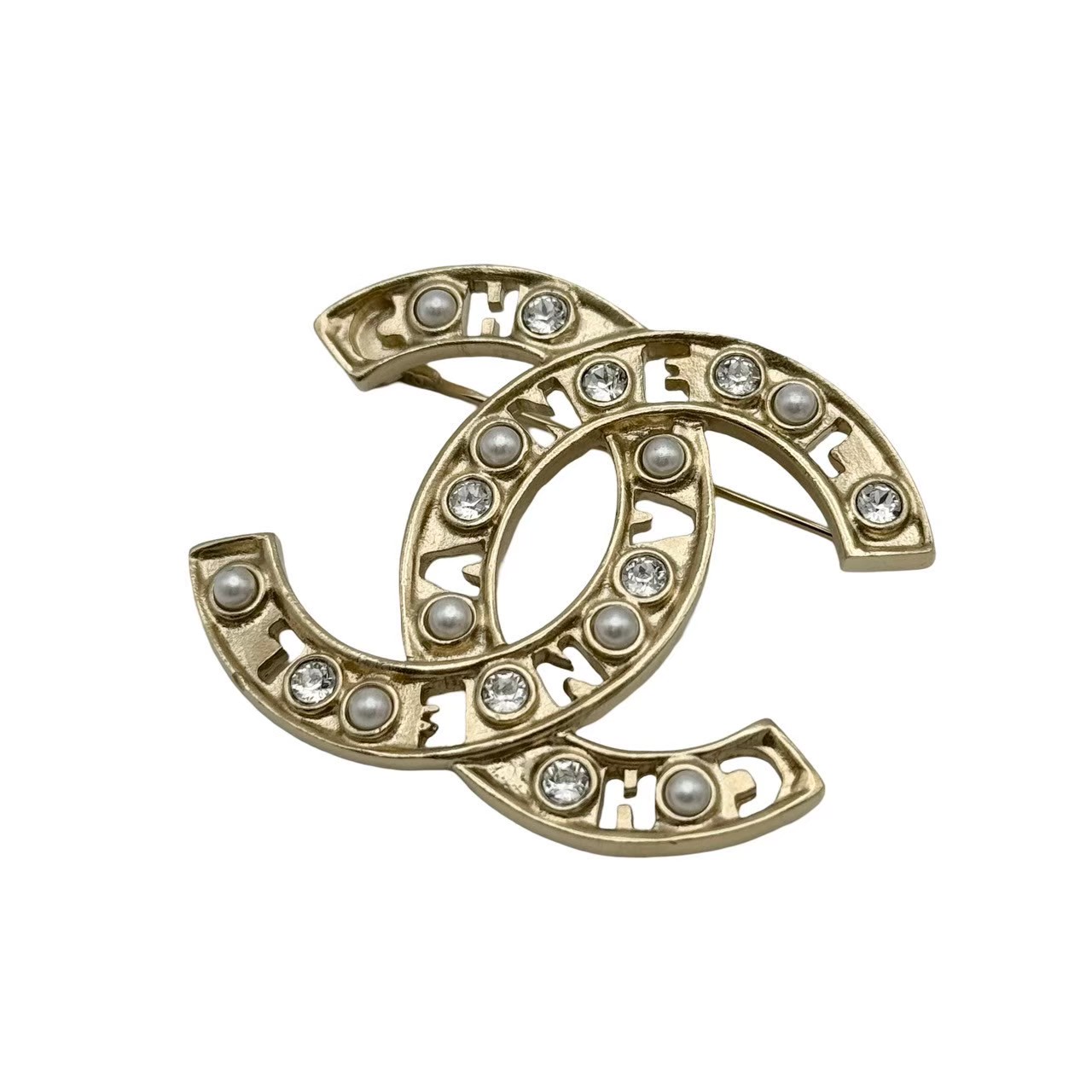 【中古】 CHANEL シャネル ココ GP ラインストーン フェイクパール ブローチ ゴールド F21K(2021年) ブランド小物 ブローチ 中古品 (CHANEL,coco,rhinestone,fakepearl,brooch,gold,used)