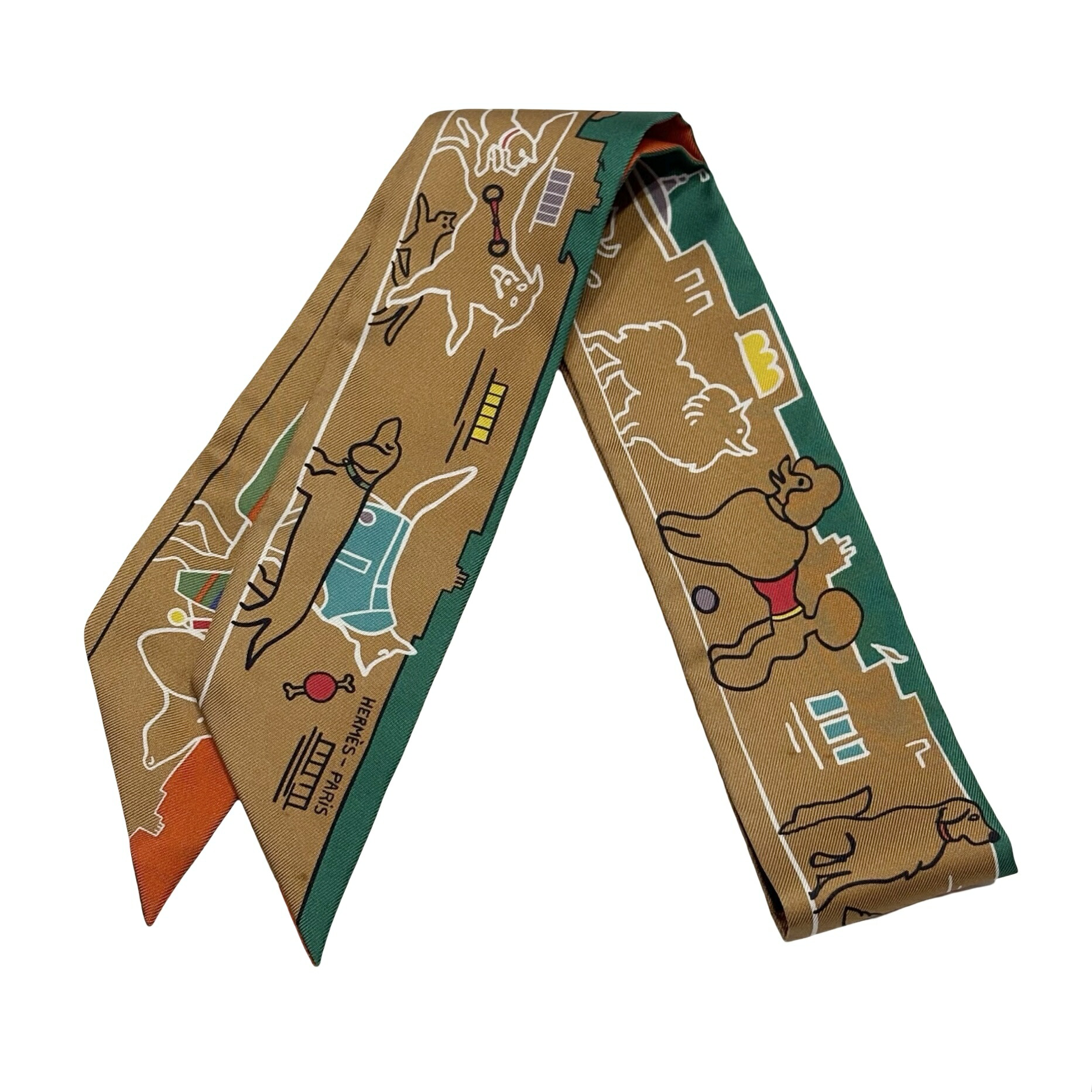 エルメス　ツイリー　コリエエシアン　犬柄　エルメス　首輪　犬ツイリー エルメス ツイリー コリエ・エ・シアン 首輪と犬 オレンジ 水色 犬