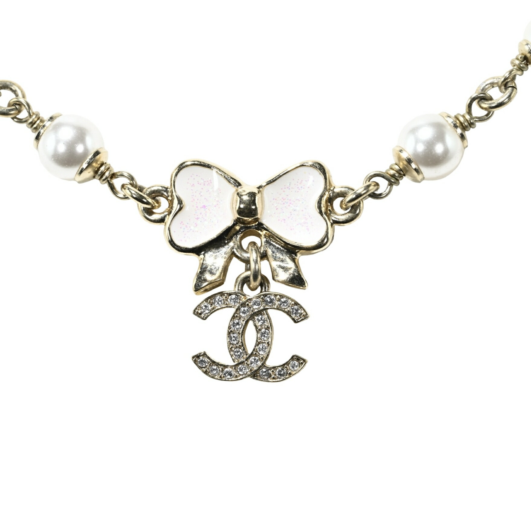 【最終SALE!! ¥128,000→¥117,000】 CHANEL シャネル COCOMARK RIBON NECKLACE ココマークリボンネックレス NECKLACE ゴールド/ホワイト GP/模造真珠 中古 セール SALE|Mohlong Luxury