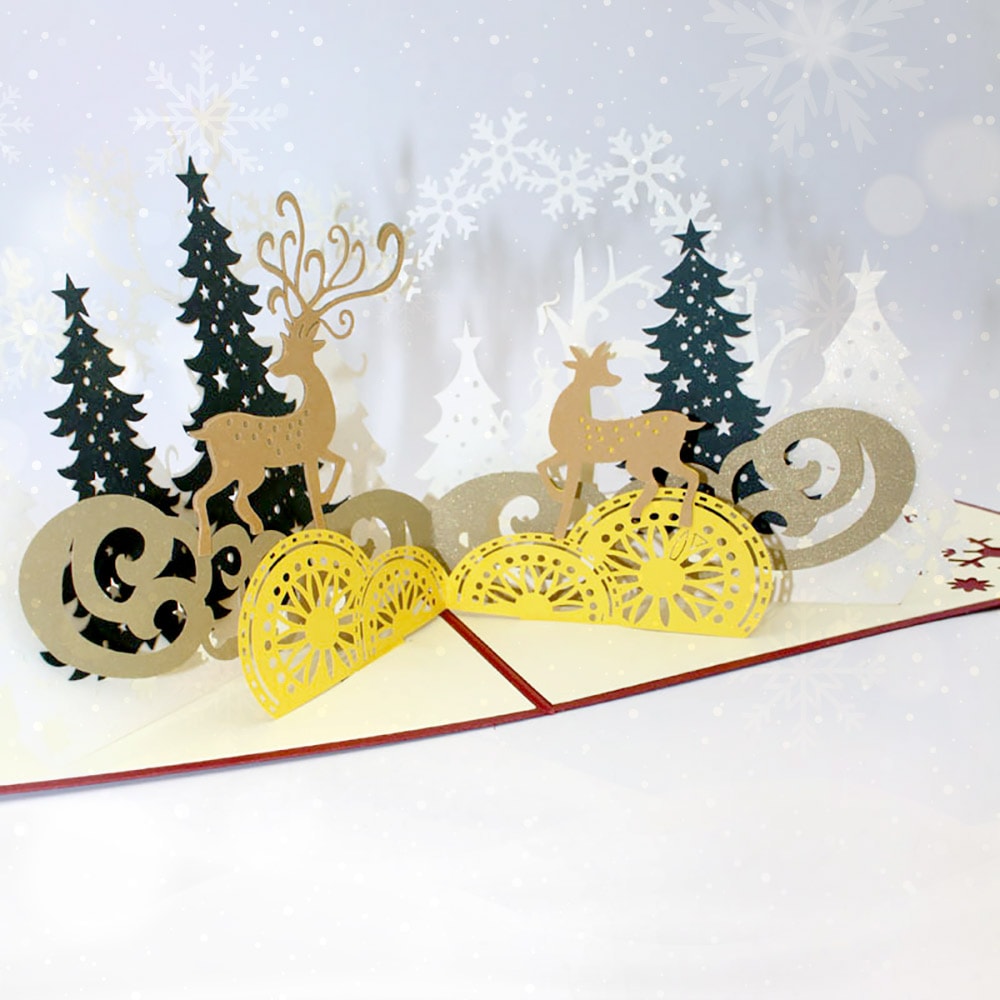 クリスマス カード メッセージ カード | トナカイとクリスマスツリー ラメ キラキラ | 繊細 美麗 | 飛び出す 3D 立体 | 本体 (赤) + 封筒 × 2つセット
