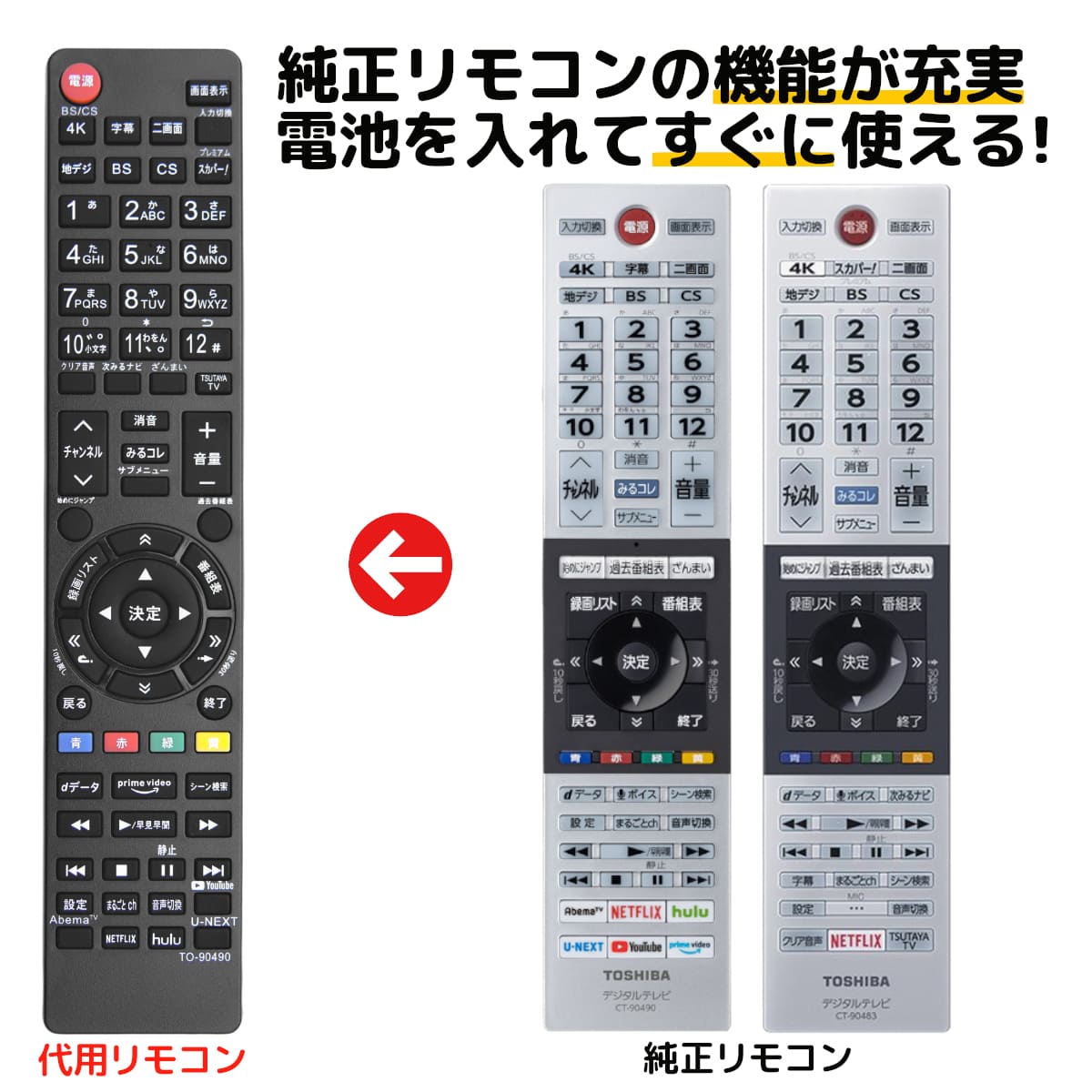 楽天市場】東芝 レグザ テレビ リモコン CT-90490 CT-90483 電池付き