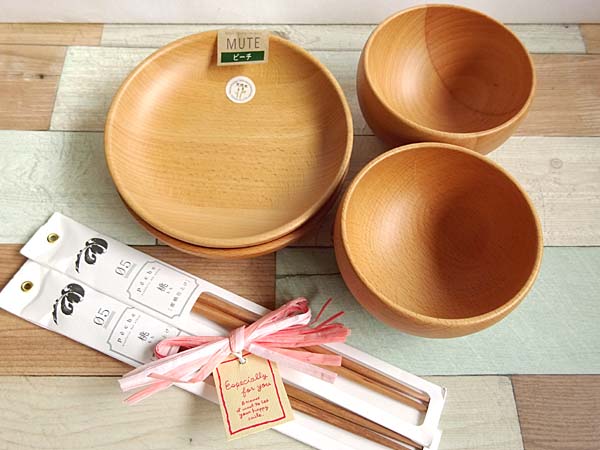 結婚祝いギフト食器セット-21 木製 全6点セット 箱の横幅26.3cm 無料ラッピング 籐芸 ラウンドディッシュSS2枚 お椀 M2個 tetoca箸2膳