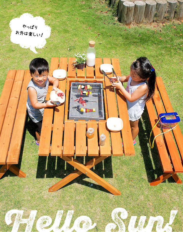 新品 本土送料無料 杉材 ＢＢＱテーブル＆ベンチセット （コンロ