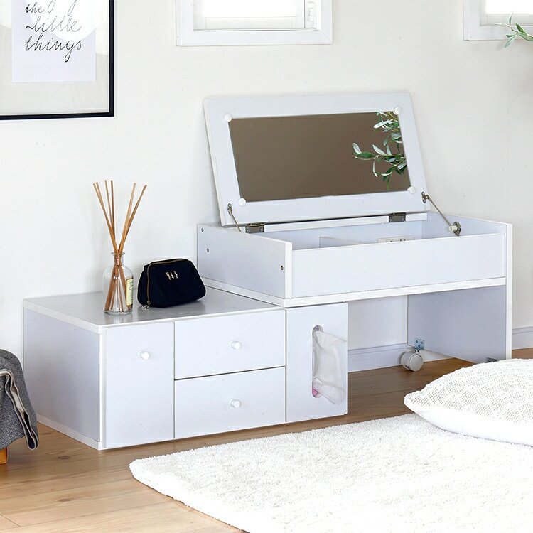 コンビニ受取対応商品 伸縮ドレッサー ロータイプ 伸縮式 化粧台 鏡台 コンセント付き キャスター付き 引き出し 収納 ティッシュ収納 パソコンデスク 木製 おしゃれ家具 かわいい ナチュラル 北欧 カジュアル コンパクト スリム 省スペース ホワイト 白 姫系