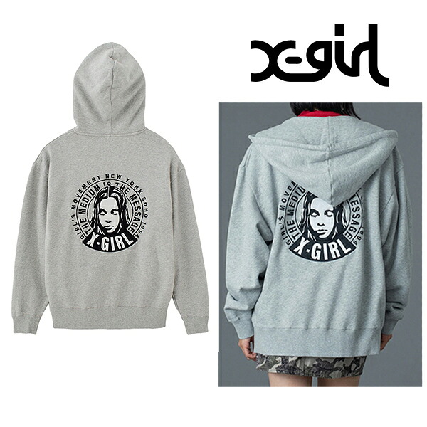 X-girl エックスお姉さん 105261012016 CIRCLE MESSAGE AND FACE ZIP UP SWEAT HOODIE ジップパーカー ASH 置き目通信販売 レディース トップス-メンズファッション-パーカー