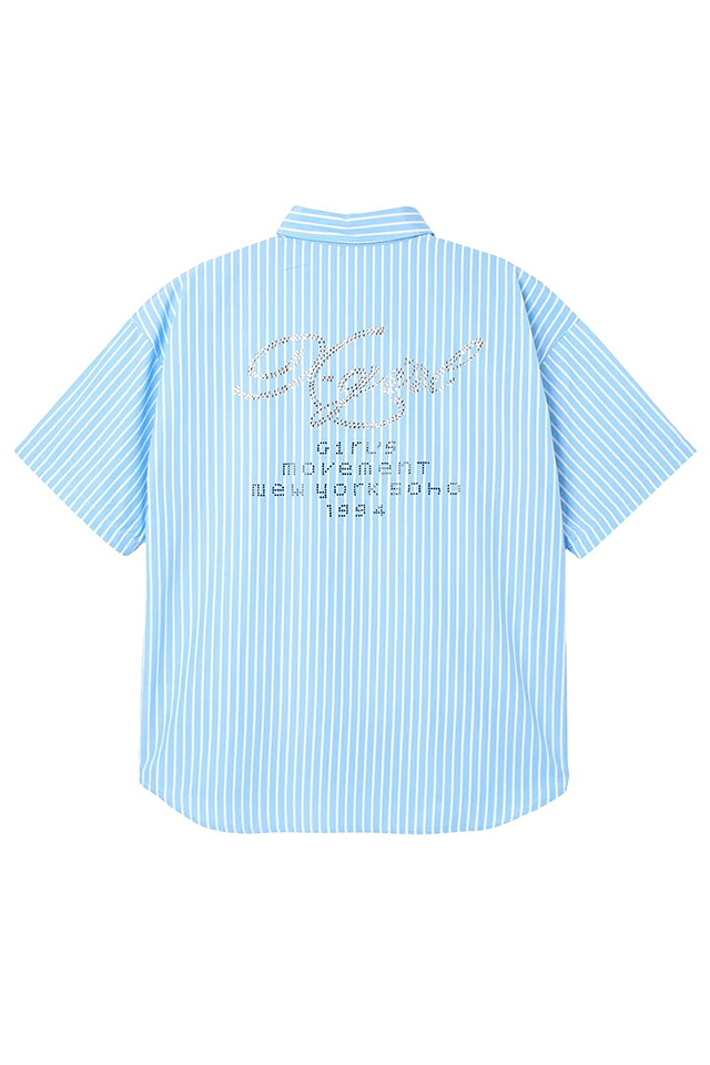 X-girl エックス御嬢さん 105262014004 STRIPED RHINESTONE S/S SHIRT 半袖ティーシャツ LtBLUE 定まり通信販売 レディース