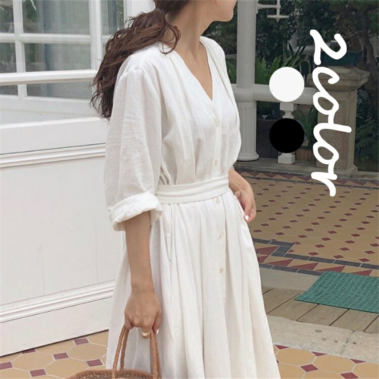 楽天市場 ワンピース レデイース 40代 春夏 長袖 Vネック ベルト ロング丈 ワンピース おしゃれ きれいめ 通勤ワンピース 韓国風 大人 ゆったり カジュアル 2色 Ms Momo 楽天市場店