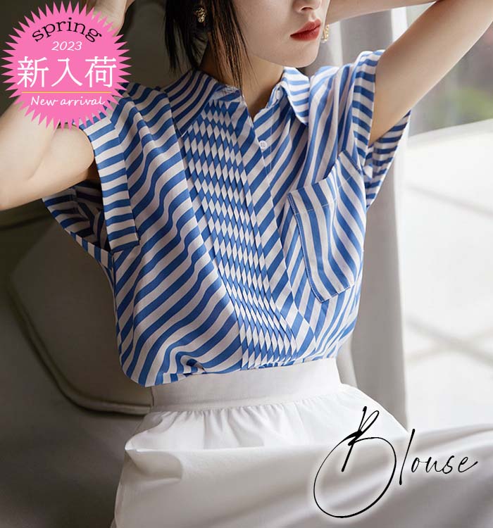 ブラウス レディース 半袖ブラウス 夏 オフィスブラウス ボーダー柄シャツ オシャレブラウス フレンチスリーブトップス 韓国風 大人 通勤 ゆったりシャツ 40代 y812106.jpg