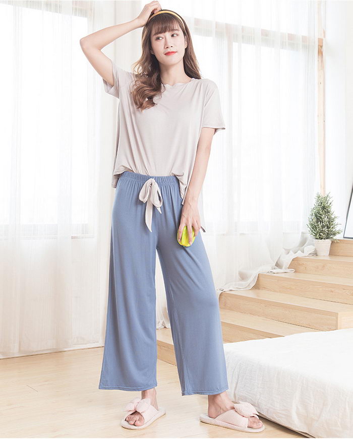 パジャマ ルームウェア レディース 春夏 半袖パジャマ モダールルームウェア 無地 リボン ロング丈パンツ 上下セット 可愛いパジャマ 女性 部屋着 寝間きゆったり 快適 Epheseweb Com