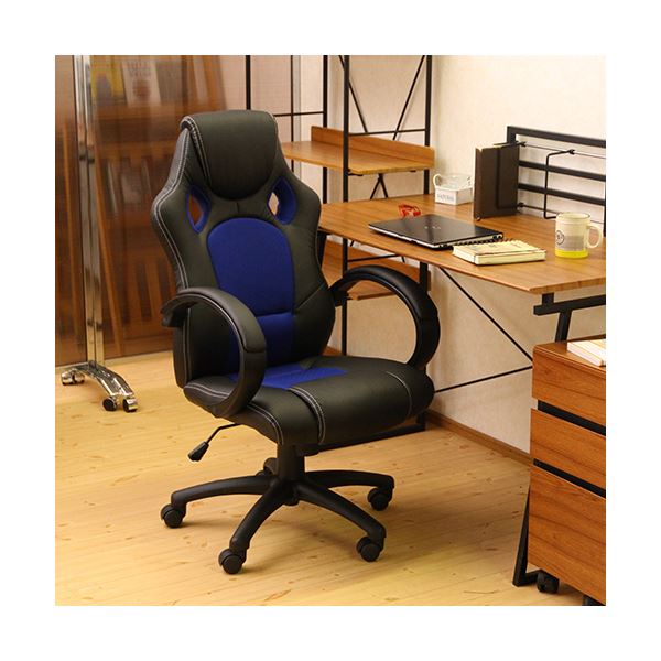 ＼ポイント10倍！本日水曜定休日限定／ ゲーミングチェア レーシングチェア 約幅63cm ブルー 合皮 サーキット 肘付き リビング ダイニング 在宅ワーク テレワーク