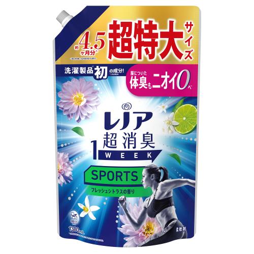 【直送品】【6個セット】レノア超消臭１ｗｅｅｋ ＳＰＯＲＴＳ フレッシュシトラスの香り つめかえ用超特大サイズ 1380mlx6個セット 柔軟剤 洗濯用品 静電気抑制 消臭