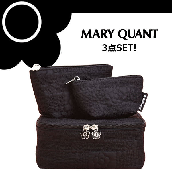 特価ブランド マリクワ ポーチ Quant バニティ 小物入れ マリクワ ポーチ デイジー 花 デイジー ブラック 総キルティングトラベルポーチ トラベル バニティ マリークワント Mary 花柄 フラワー 黒 旅行 3set 化粧 メイク コスメ ブランド クリスマス ハロウィン