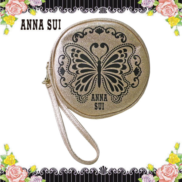 楽天市場 アナスイ Anna Sui ポーチ 小物入れ 丸形 ラウンド キラキラ ラメ ラウンドコスメポーチ ミニバッグ 鞄 バッグ ラメ キラキラ 派手 蝶 バタフライ 黄 イエロー 金 ゴールド ストラップ 化粧 メイク コスメ ブランド クリスマス ハロウィン バレンタイン