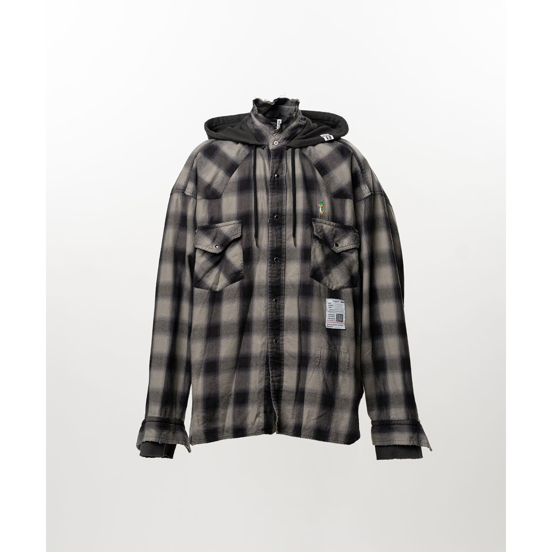 ＼全品P10倍！4/4(土)20時～／ Maison MIHARA YASUHIRO | メゾンミハラヤスヒロ Hoodie Combine Checkered Shirt GRAY (J16SH182) 26SS 26春夏 トップス フーディー シャツ チェック レイヤー スタンドカラー