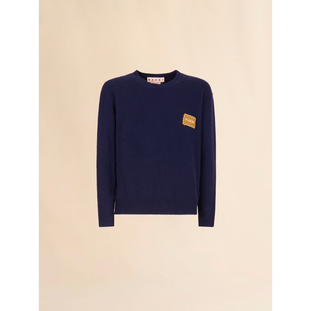 MARNI | マルニ   CASHMERE SWEATER  DEEP BLUE (GCMG0478Q0UFX32500B96) 25AW 25秋冬【 貨物輸送無料 】 定め事品 トップス カシミヤ 労働者の一団のど首 編み物 プルオーバー ロゴタイプ