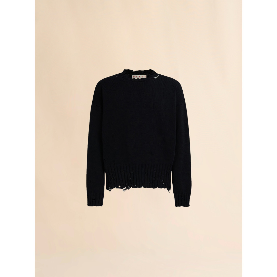 MARNI | マルニ   Black twisted crewneck sweater  BLACK (GCMG0210A0UFC65200N99) 26SS 26春夏【 貨物輸送無料 】 定まり品 トップス 編み物 ティーシャツ 労働者の一団のど首 ボックス席影ぼうし 刺しゅう エンブロイド